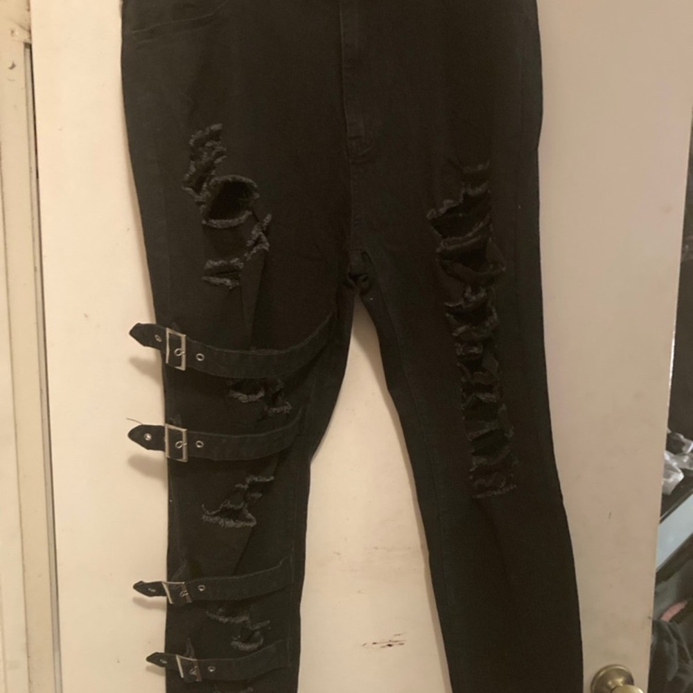 Black Distressed Pants with Buckle Straps